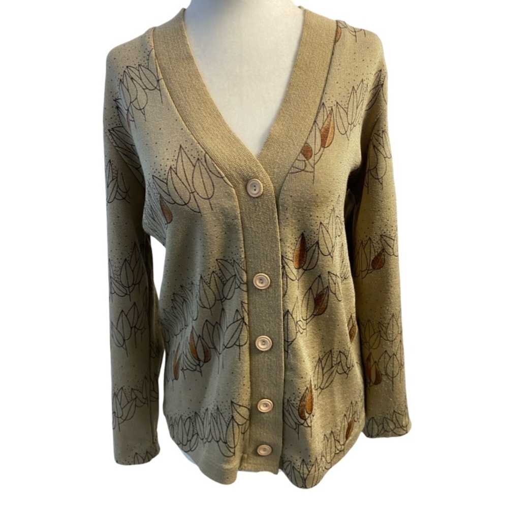 Vintage Sheng Yea V-Neck Button Front Cardigan Sweater Beige Floral Pit18 L23